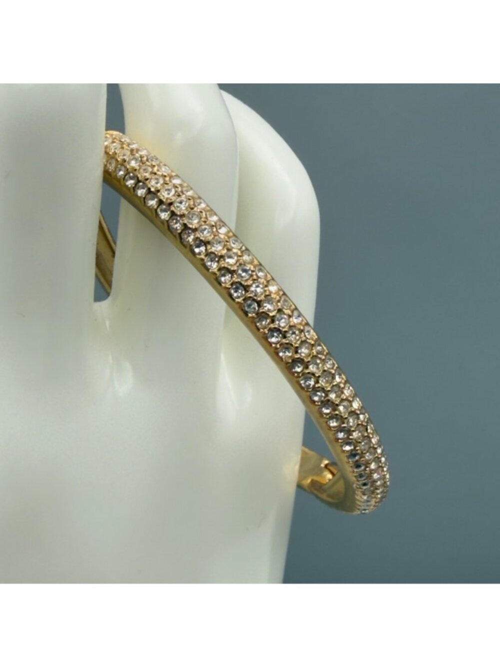 Vintage Gold Tone Pave Rhinestone Hinged Bangle Bracelet Modernist Classic - Picture 3 of 11